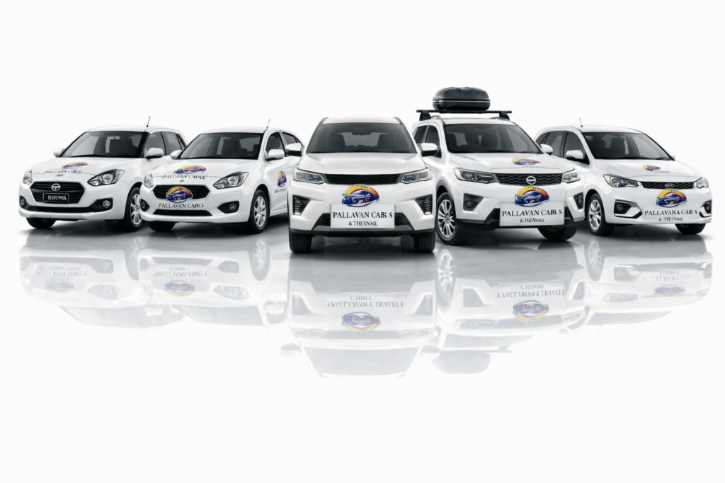 White WagonR, Swift, and Dzire cars with Pallavan Cabs logo