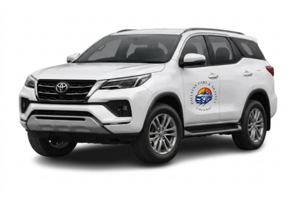 A white Toyota Fortuner SUV with the Pallavan Cabs & Travels Chennai logo professionally placed on the front driver-side door.