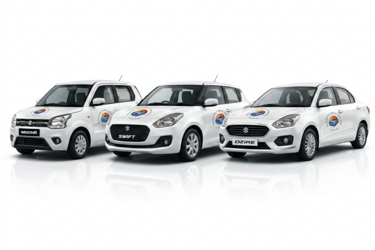 Three white Suzuki cars (WagonR, Swift, and Dzire) parked in a row, featuring the "Pallavan Cabs & Travels Chennai" logo on their hoods and doors.