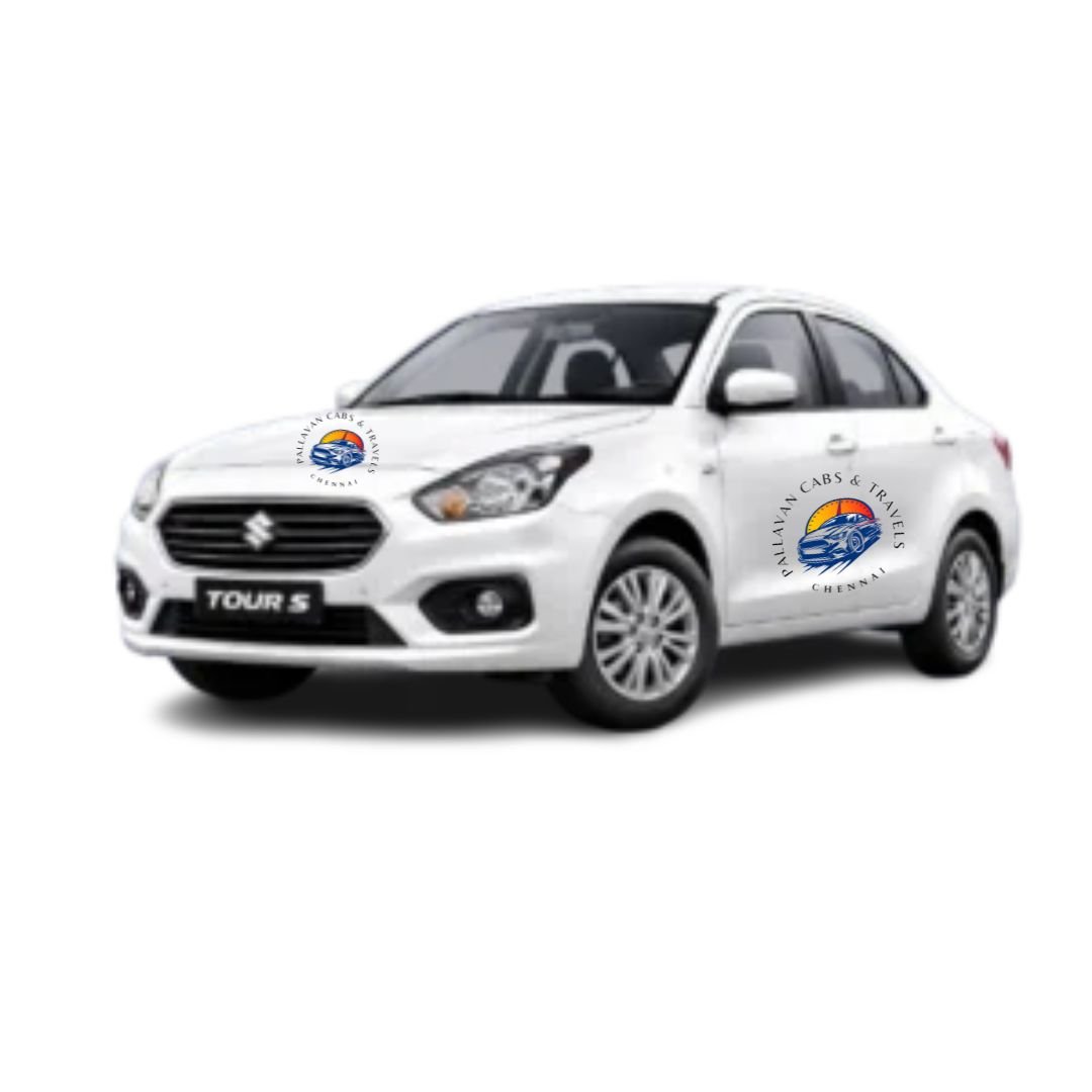 White Swift Dzire car with Pallavan Cabs logo on door