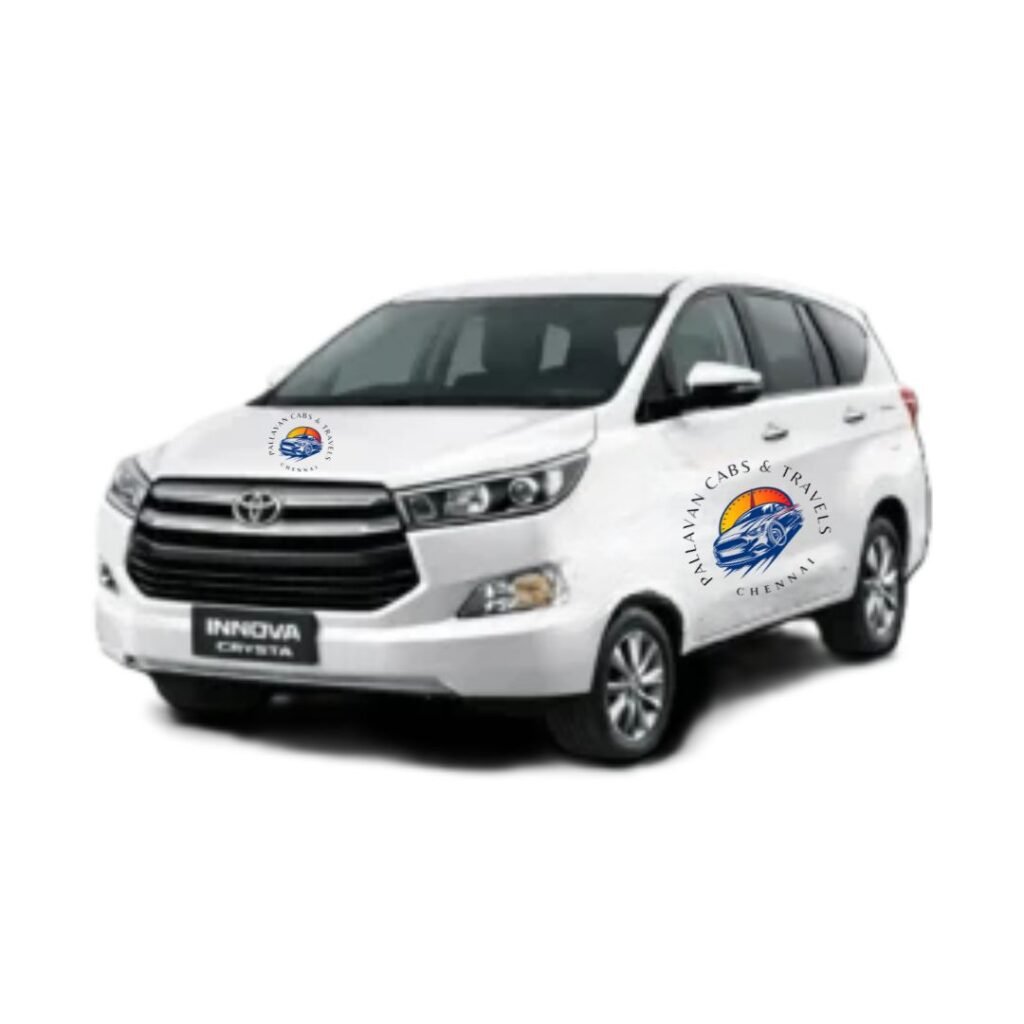 White Toyota Innova Crysta with Pallavan Cabs & Travels Chennai logo on hood and side door.